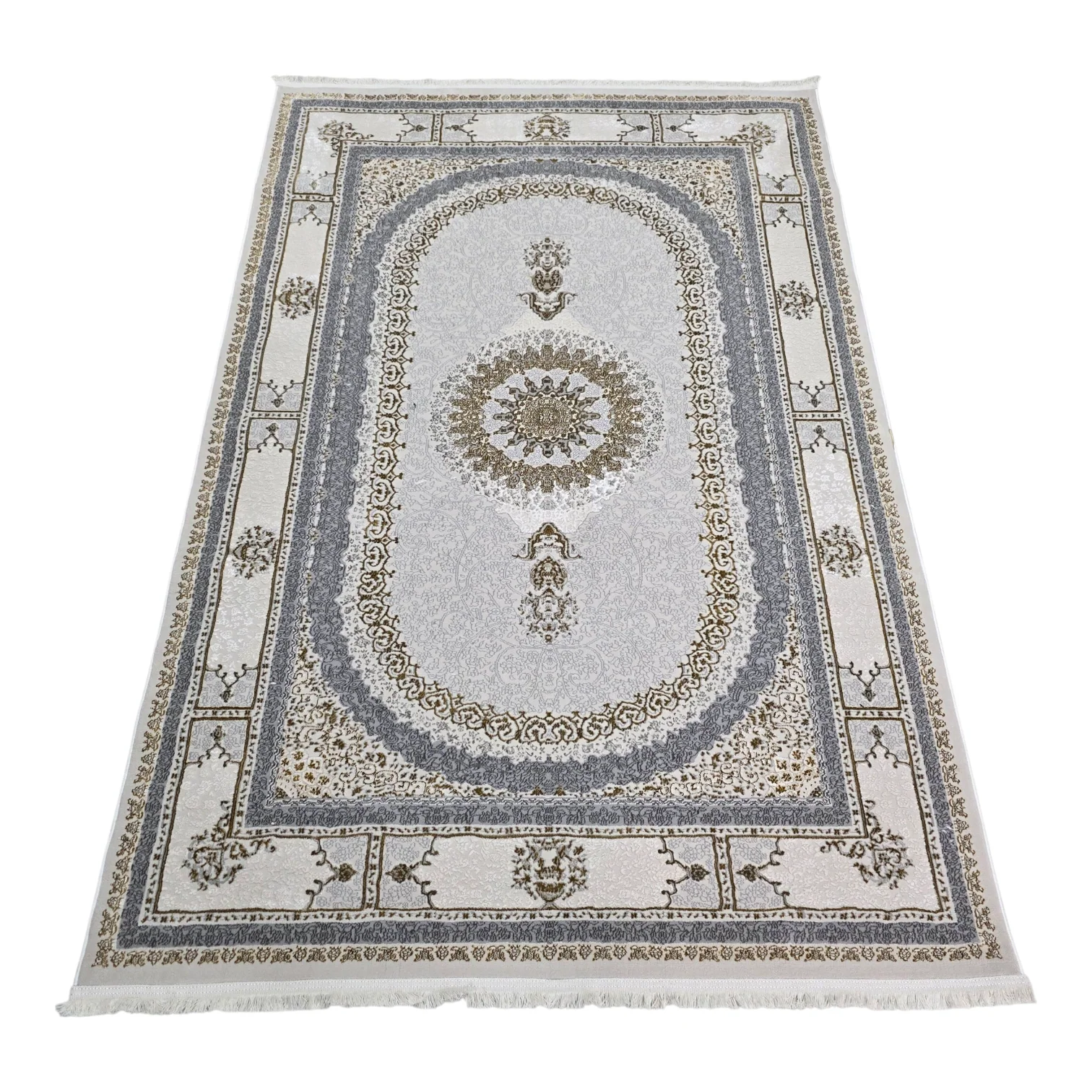 Alfombra NADOR Crema y Gris Claro con Medallón Clásico y Detalles Elegantes ✨🤍🩶 — Estilo Turco Sofisticado para Salón, Dormitorio y Pasillo - Image 2