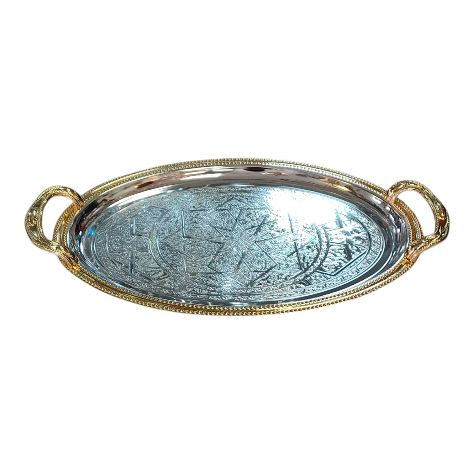 Bandeja Oval Bicolor Plata y Oro Grabada - Image 4