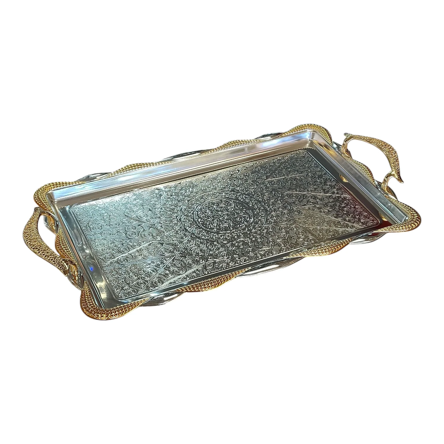 Bandeja Rectangular Plateada con Borde y Asas Doradas Onduladas - Image 2