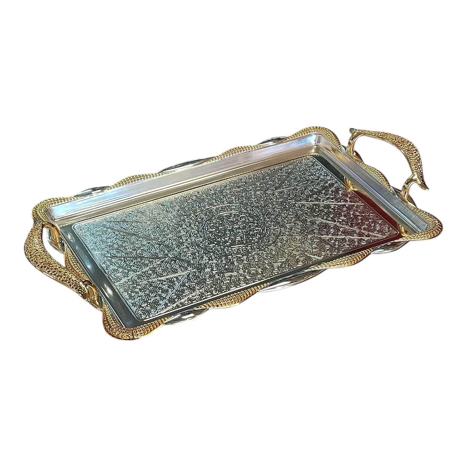 Bandeja Rectangular Plateada con Borde y Asas Doradas Onduladas - Image 3