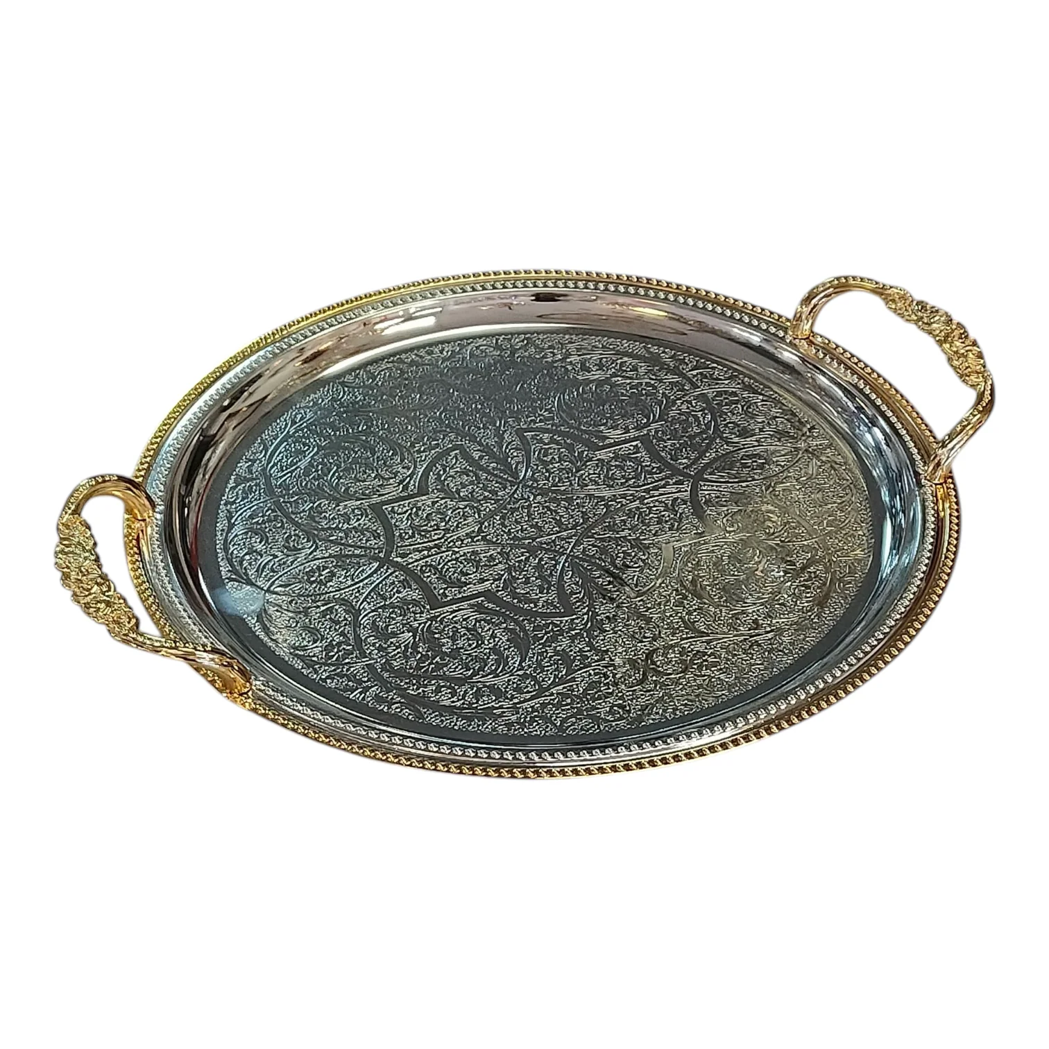 Bandeja Decorativa Ovalada de Metal Bicolor con Asas Doradas - Image 4