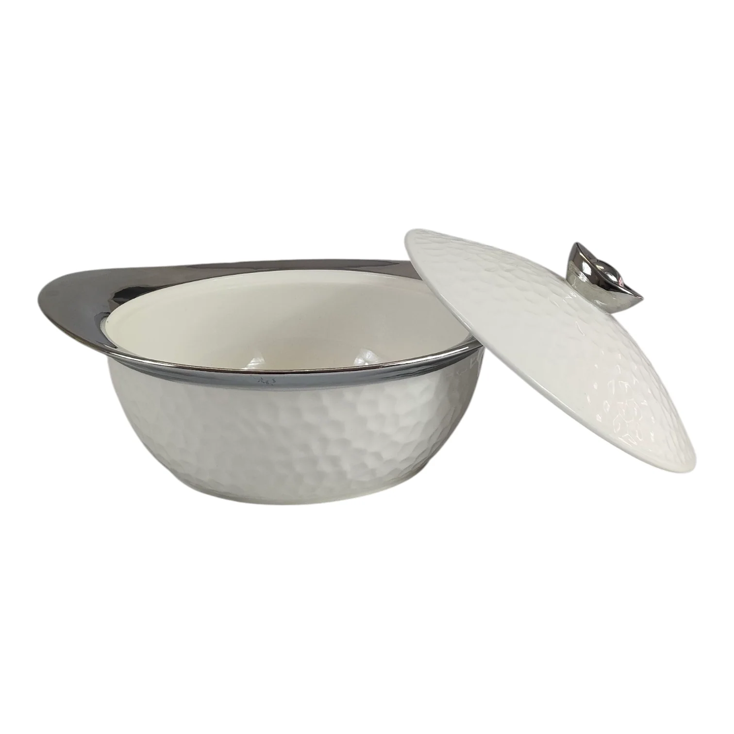 Set de Sopera de Cerámica con Tapadera + 6 Cuencos con Soporte Dorado -2,7L- Diseño Martillado Blanco y Plateado - Image 2