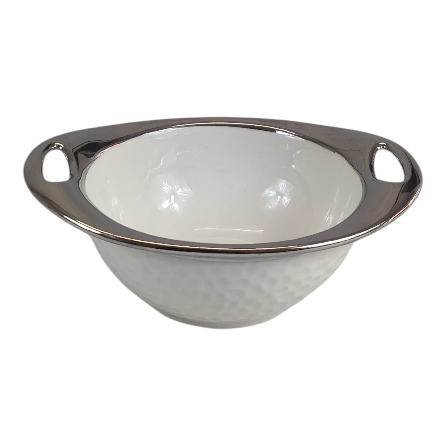 Set de Sopera de Cerámica con Tapadera + 6 Cuencos con Soporte Dorado -2,7L- Diseño Martillado Blanco y Plateado - Image 3