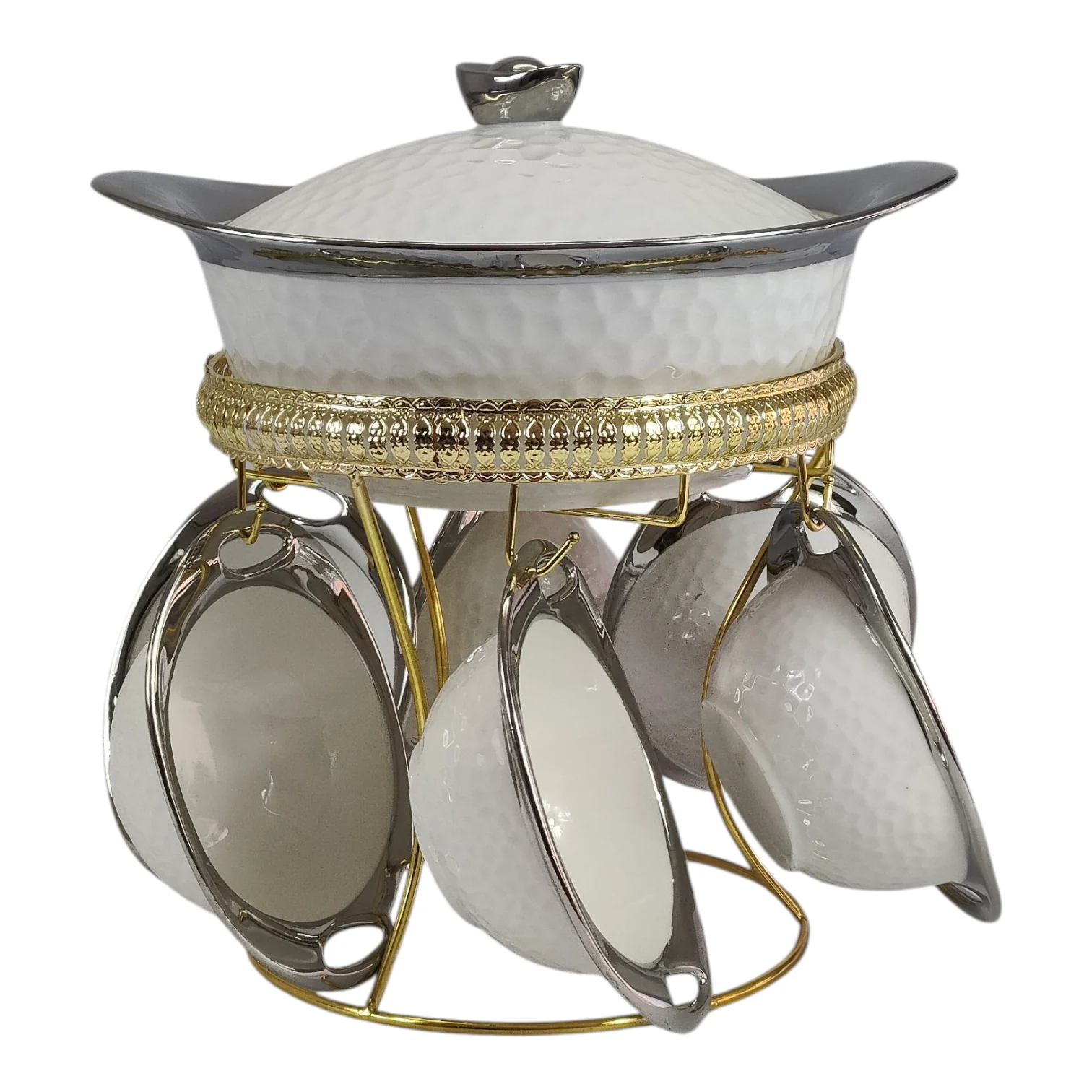 Set de Sopera de Cerámica con Tapadera + 6 Cuencos con Soporte Dorado -2,7L- Diseño Martillado Blanco y Plateado - Image 5