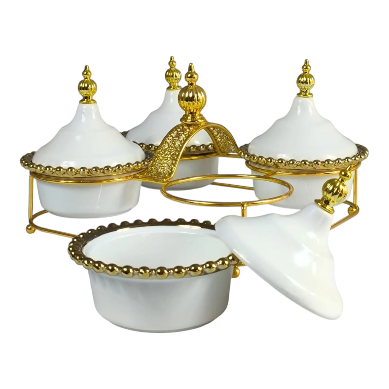 Set de 4 Mini Tagines de Cerámica con Detalles Dorados y Soporte Metálico - Image 2