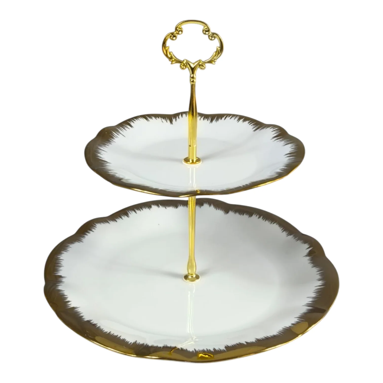 Soporte de 2 Pisos para Dulces y Aperitivos 🍰✨ Porcelana Blanca con Borde Dorado - Image 2