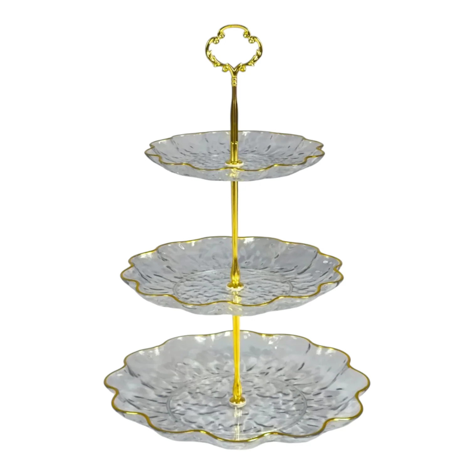 🍰 Soporte de Plástico de 3 Niveles con Bordes Dorados – Ideal para Postres y Aperitivos ✨