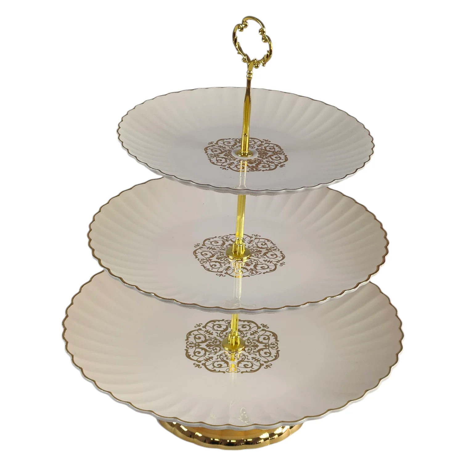 🍰 Bandeja Expositora de 3 Pisos de Plástico con Detalles Dorados – Elegancia para Tu Mesa - Image 2
