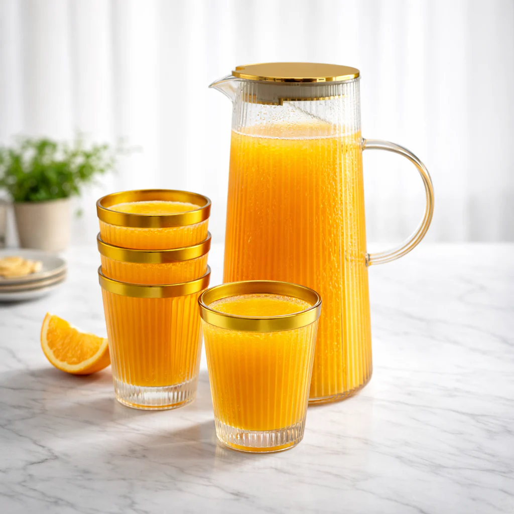 🥂 Set de Jarra con 4 Vasos de Plástico Transparente con Borde Dorado — Estilo y Comodidad ✨
