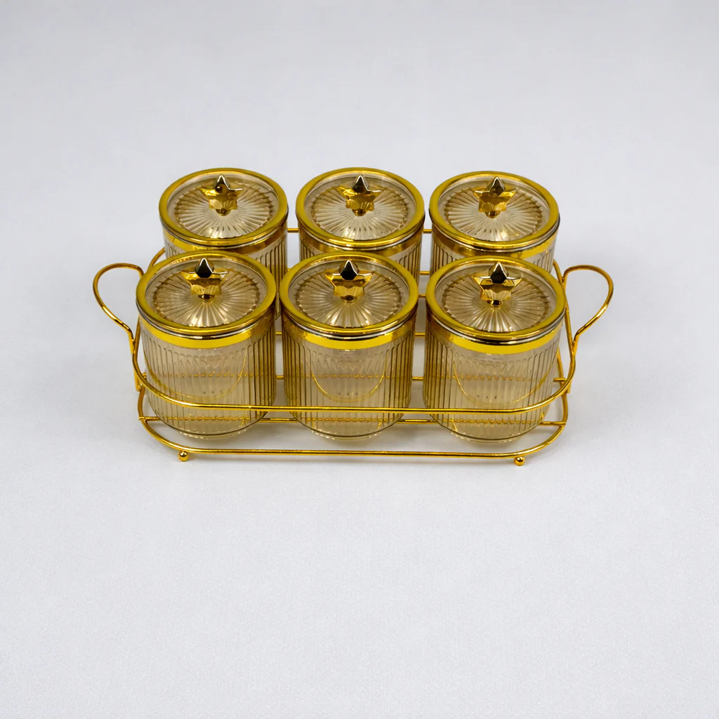 Set de 6 Frascos de Plástico con Tapa Dorada y Base Metálica – Organizador Premium para Cocina - Image 2
