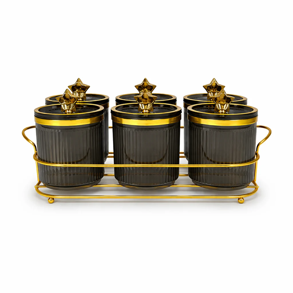 Set de 6 Frascos de PLÁSTICO con Tapa Dorada y Base Metálica Elegante