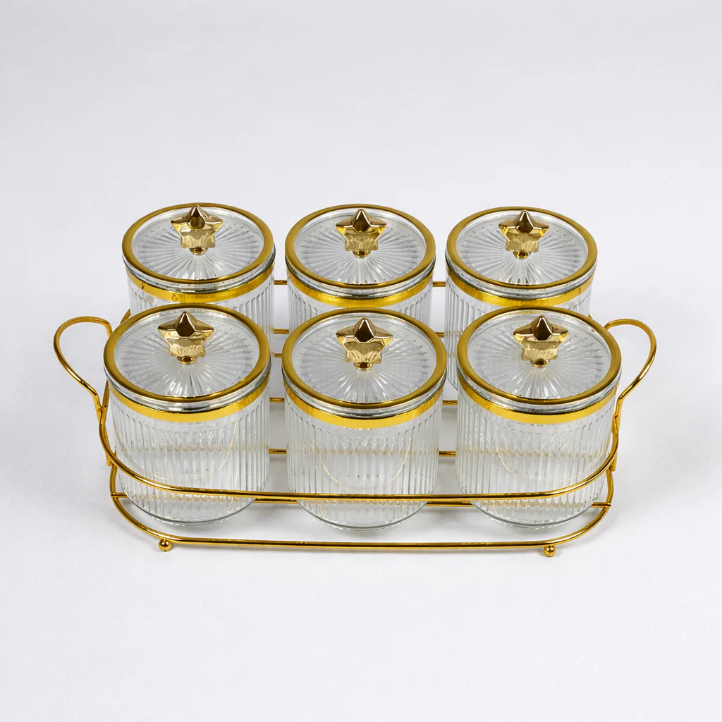 Set de 6 Frascos de Plástico Ámbar con Tapa Dorada y Base Metálica – Organizador Elegante para Cocina - Image 2