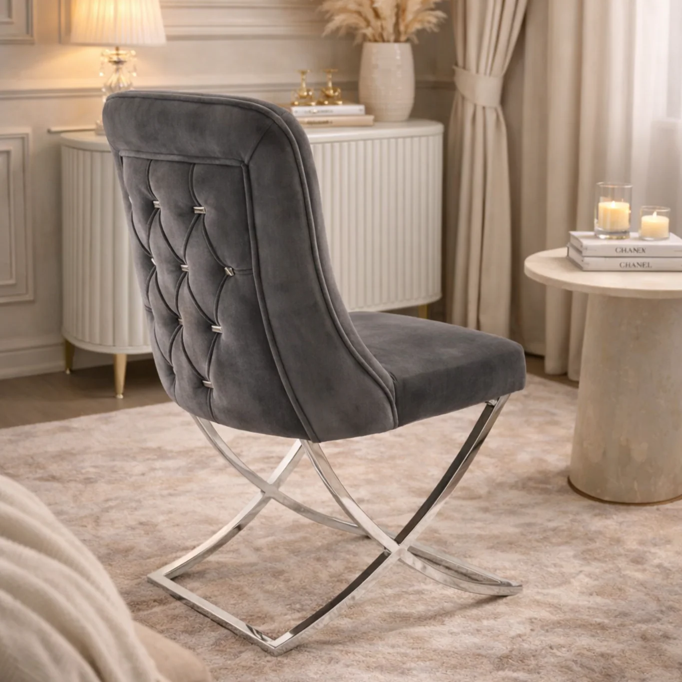 🩶✨ Silla Clower 05 en GRIS CLARO (Perla / Humo Suave) con Base Cromada ✨🪞