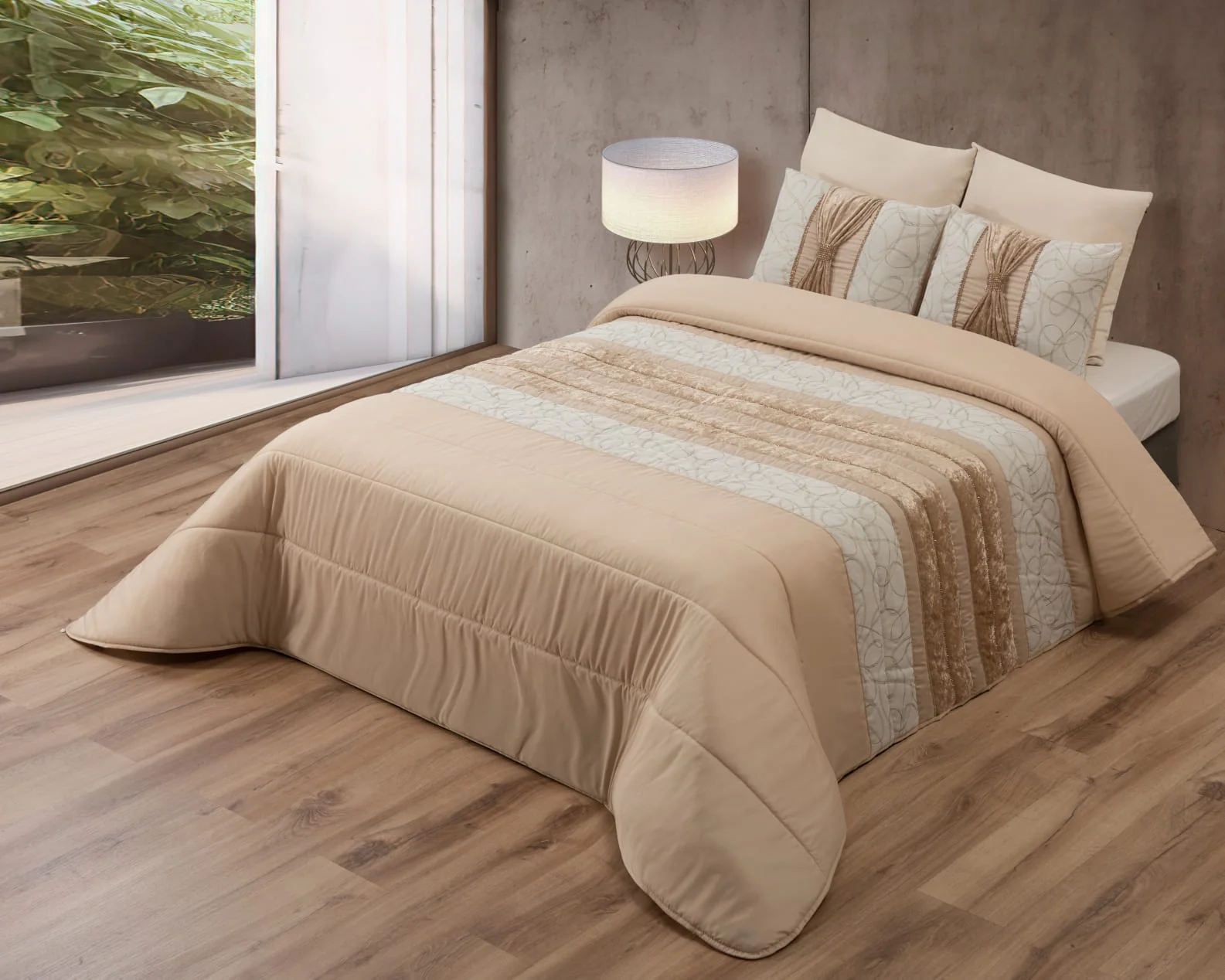Colcha SOFIA Elegante – Conjunto Decorativo con Tres Almohadas, 250 x 260 cm - COLOR BEIG