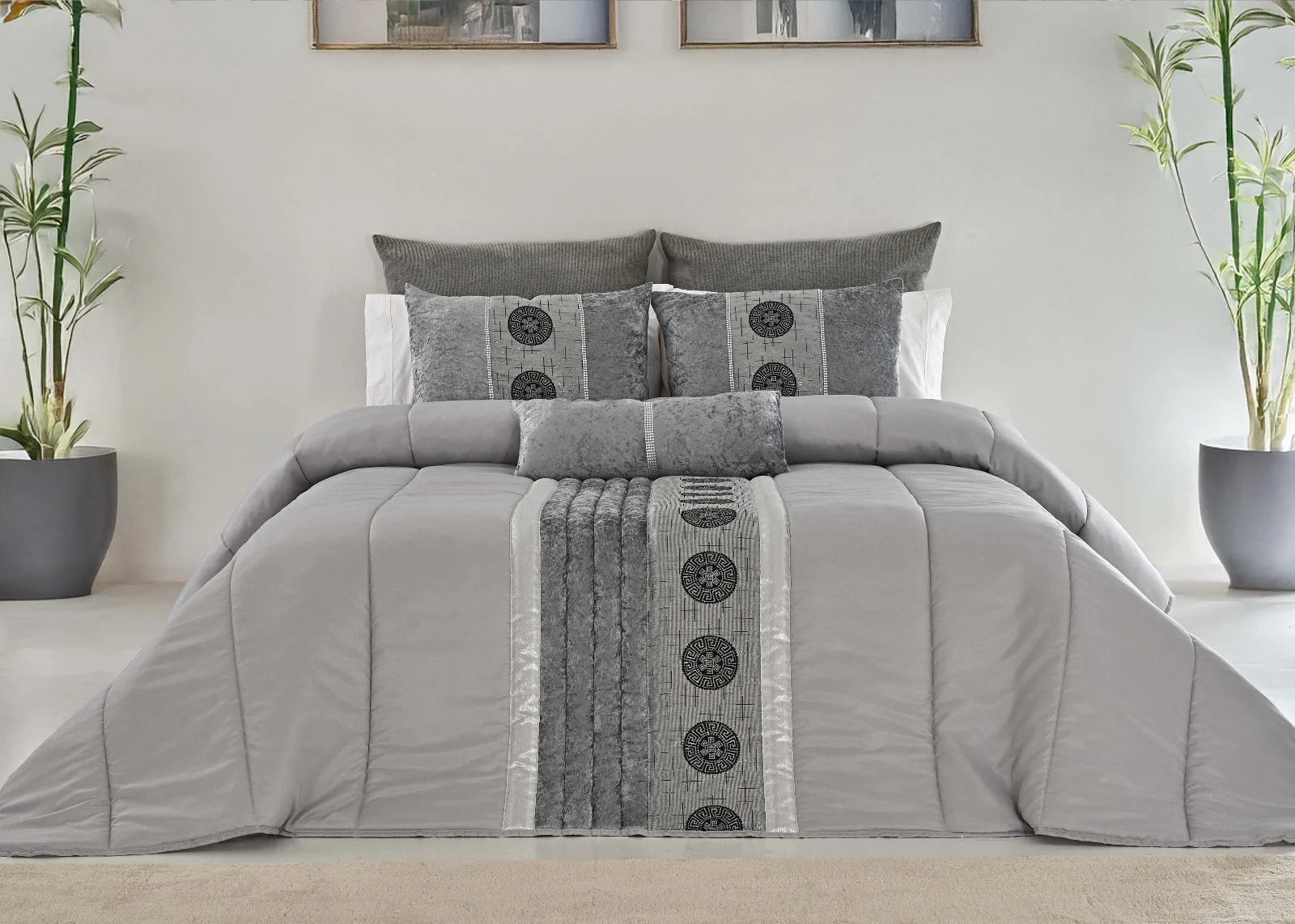 🏯 Colcha TOQUIO Elegante – Conjunto Decorativo con Tres Almohadas, 250 x 260 cm - COLOR GRIS CLARO
