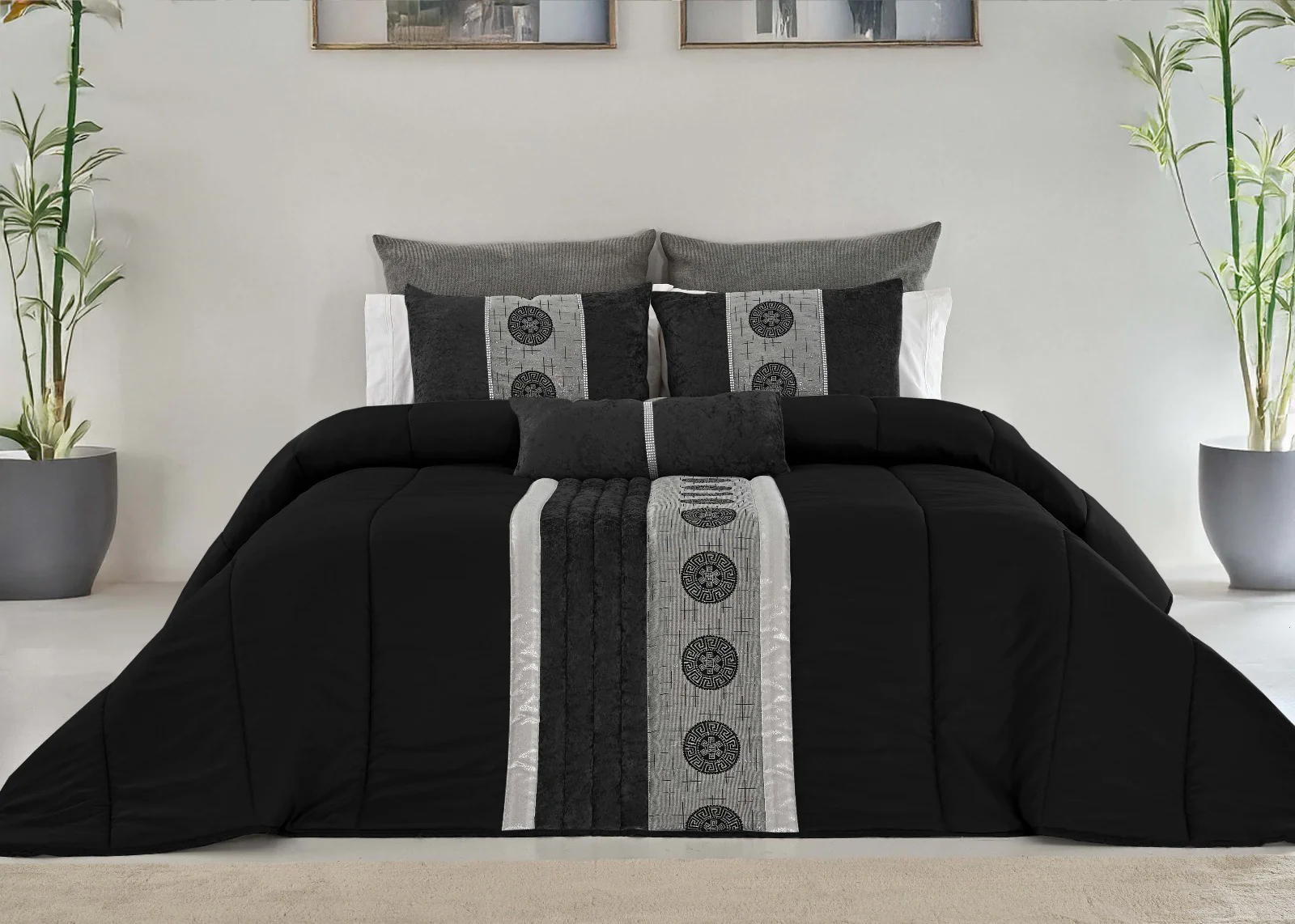 🏯 Colcha TOQUIO Elegante – Conjunto Decorativo con Tres Almohadas, 250 x 260 cm - COLOR NEGRO