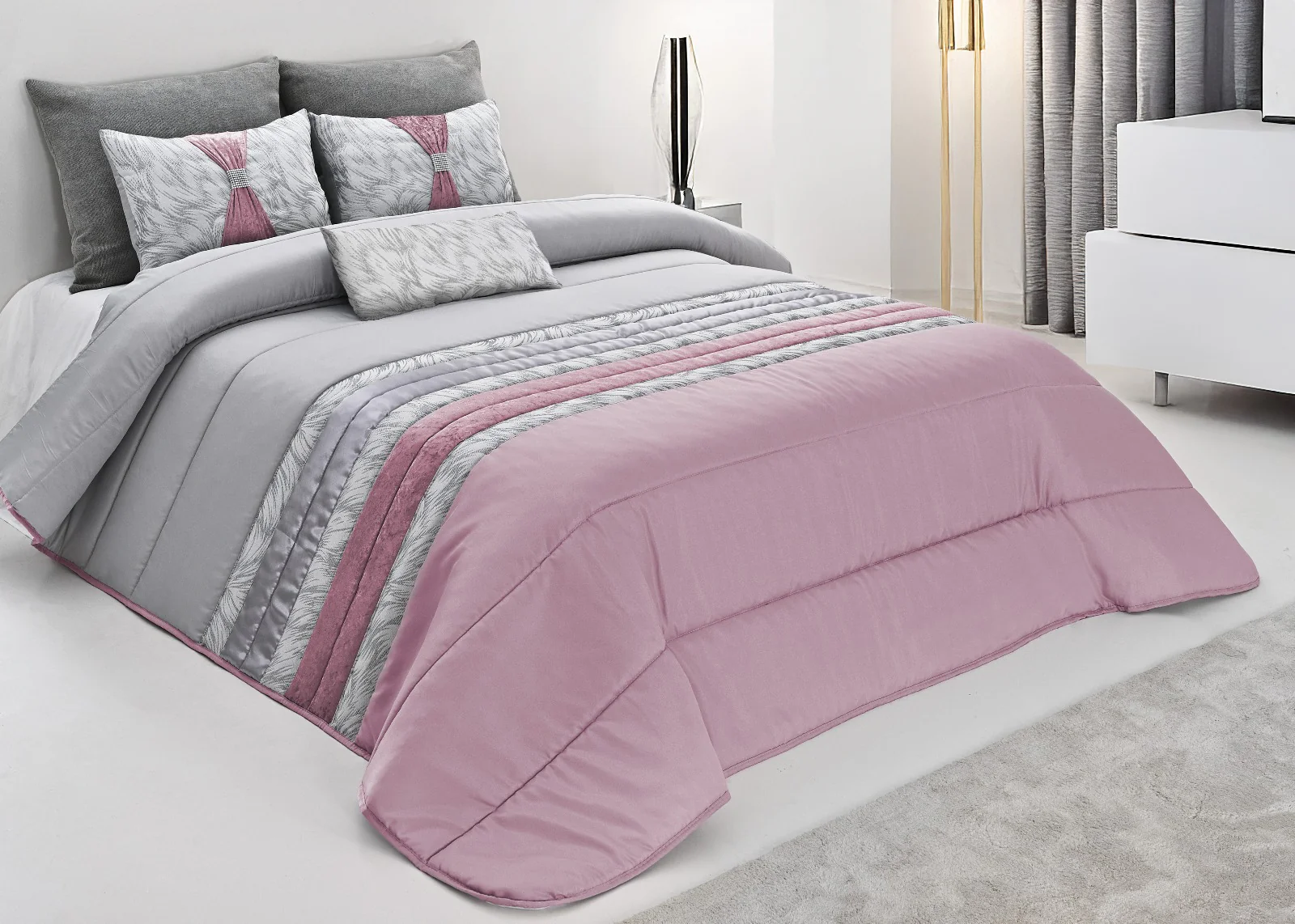 Colcha TROPICAL Elegante – Conjunto Decorativo con Tres Almohadas, 250 x 260 cm - COLOR ROSA