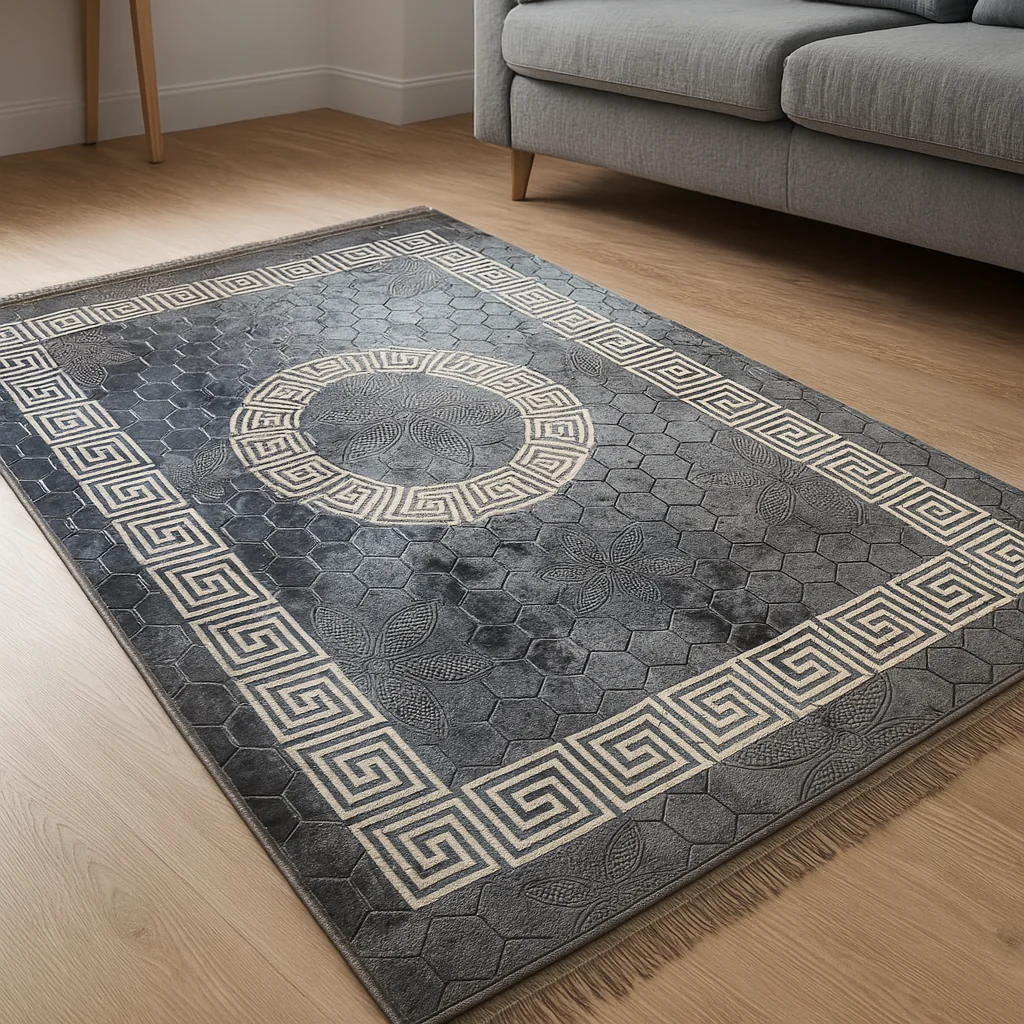 Alfombra Clásica Gris con Cenefa Negra de Inspiración Oriental – Estilo Árabe