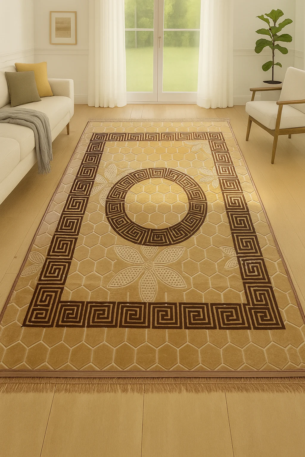 Alfombra Clásica Dorada con Cenefa Marrón de Inspiración Oriental – Estilo Árabe