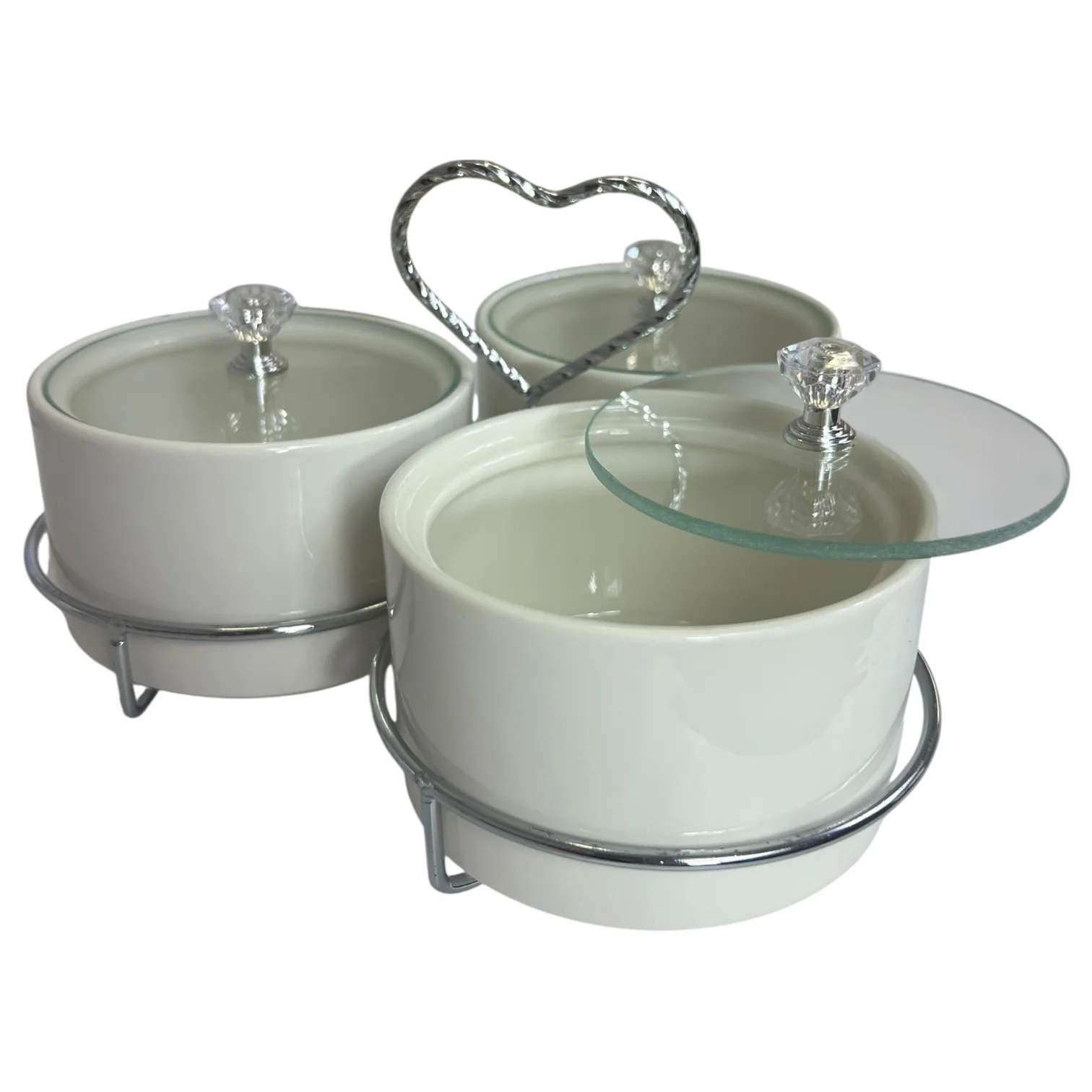 🥣 Set de 3 Recipientes de Porcelana con Tapa y Soporte Plateado - Image 2