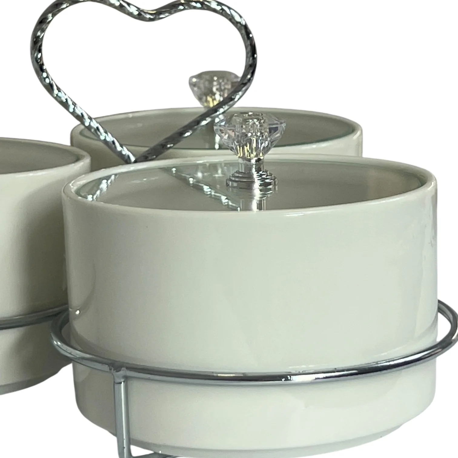 🥣 Set de 3 Recipientes de Porcelana con Tapa y Soporte Plateado - Image 3
