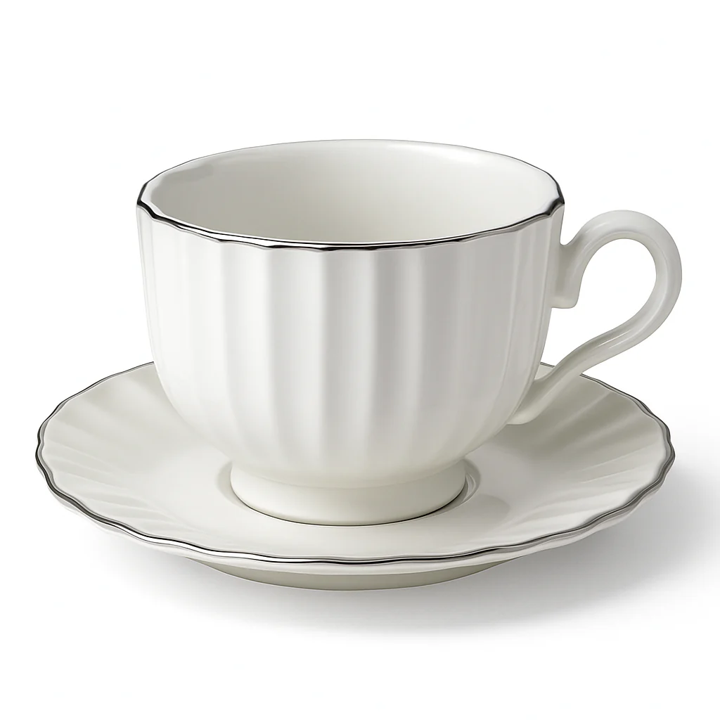 Set de 6 tazas con plato – Porcelana blanca con filo plateado