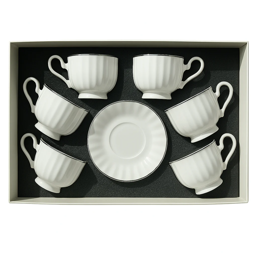 Set de 6 tazas con plato – Porcelana blanca con filo plateado - Image 4