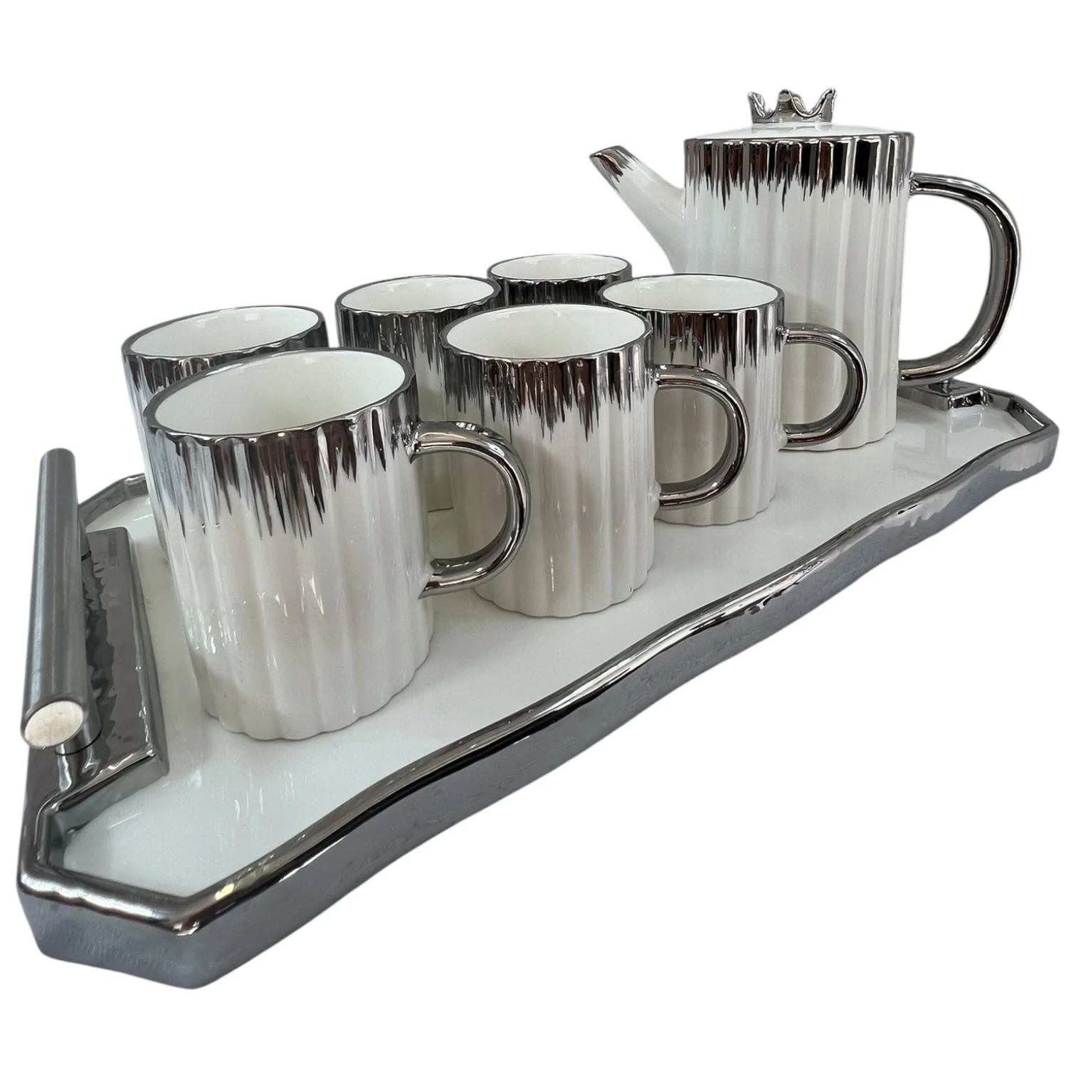 Set de Tetera con 6 Tazas y Bandeja Decorativa – Porcelana con Detalles Plateados - Image 2