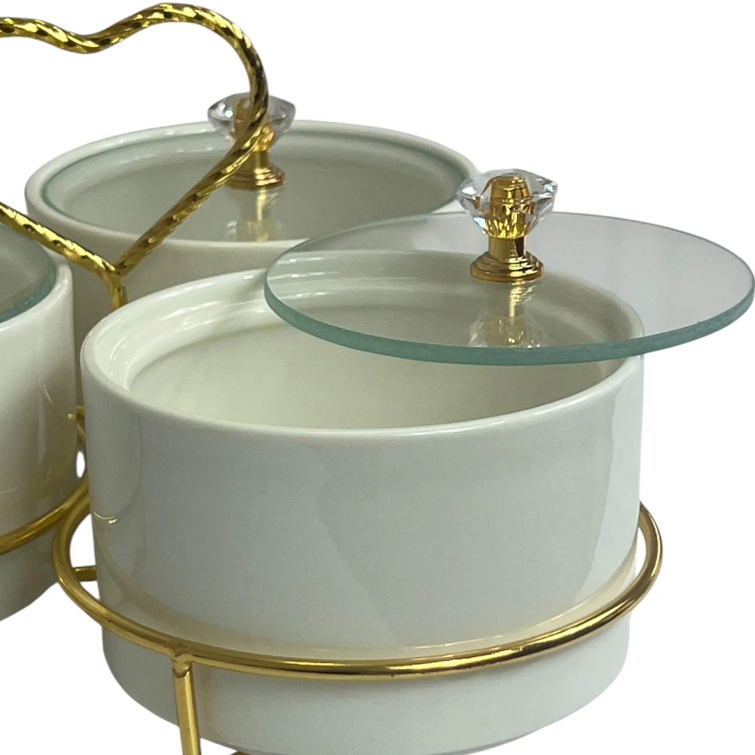 🥣 Set de 3 Recipientes de Porcelana con Tapa y Soporte Dorado - Image 2