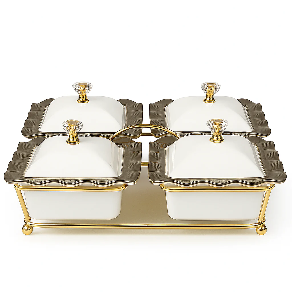 Set de 4 Recipientes con Tapa y Bandeja Dorada – Diseño Ondulado con Perilla Cristalina
