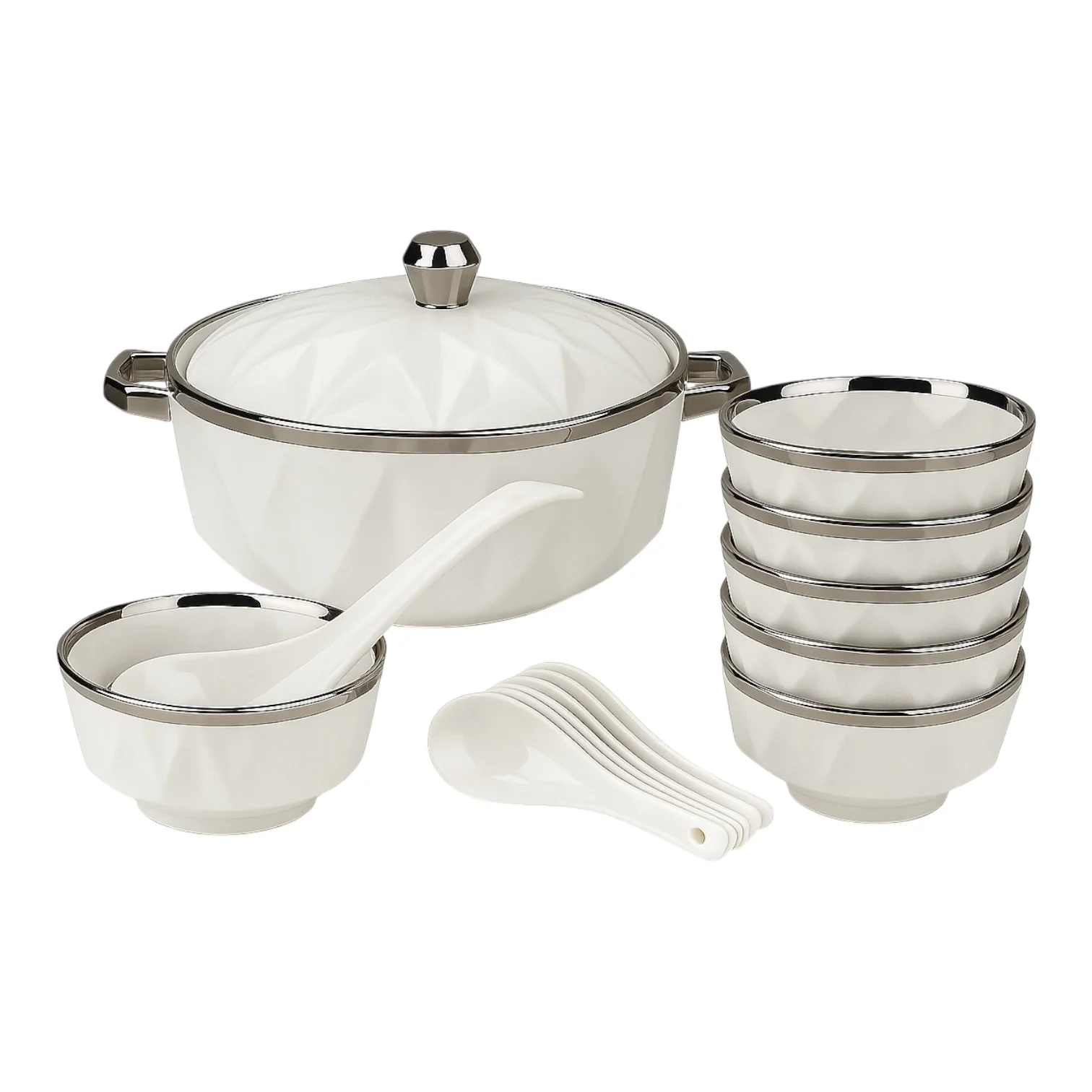 Set de Sopa de 15 Piezas BAVARY COLLECTION – Diseño Diamante con Acabado Plateado