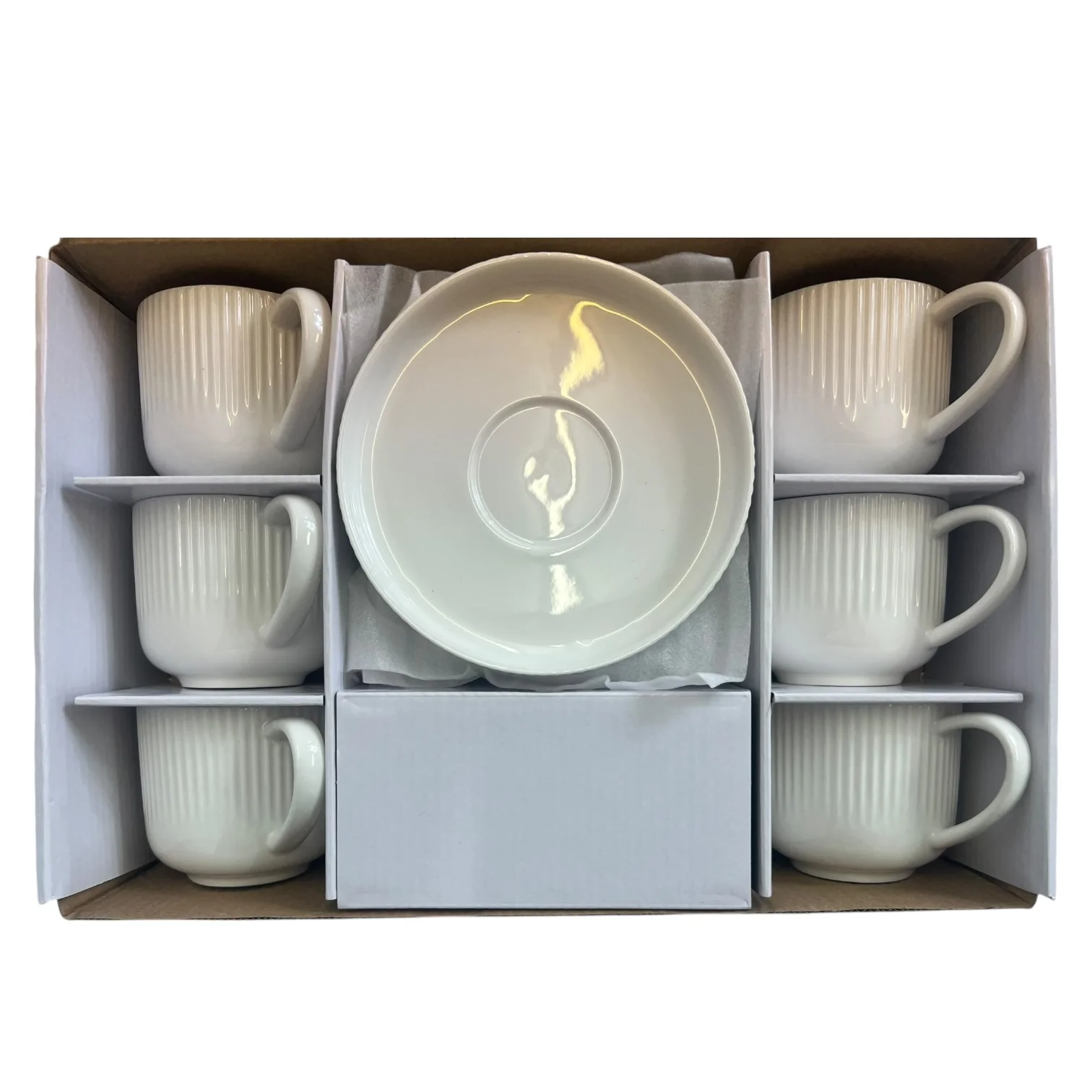 Set de 6 Tazas de Porcelana con 6 Platillos – Diseño Acanalado Elegante - Image 2
