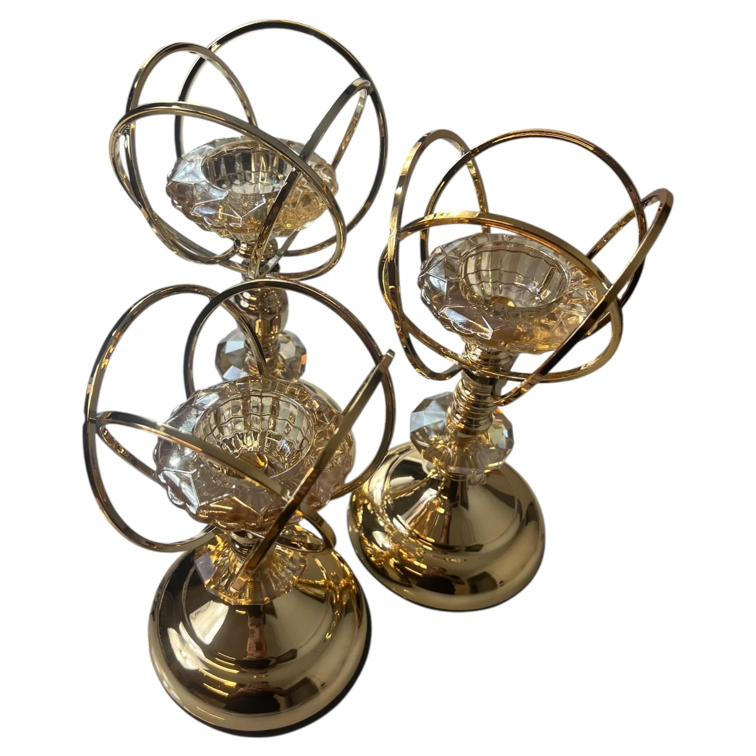 Set de 3 portavelas decorativos en metal dorado con punta de cristal tallado - Image 3