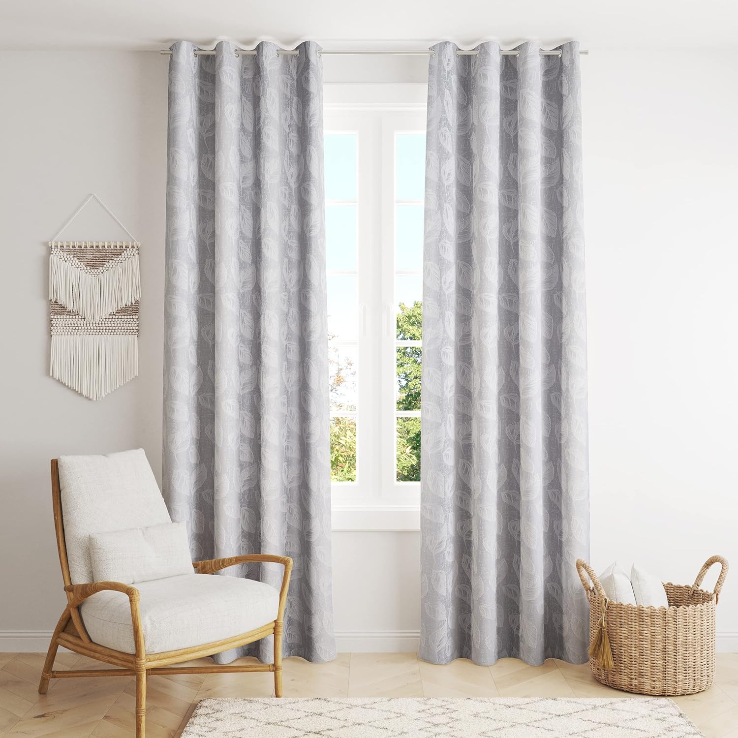 Cortinas Opacas de Poliéster Modelo Hojas 140x260cm - 1 Pieza, Elegantes y Modernas - Color Gris