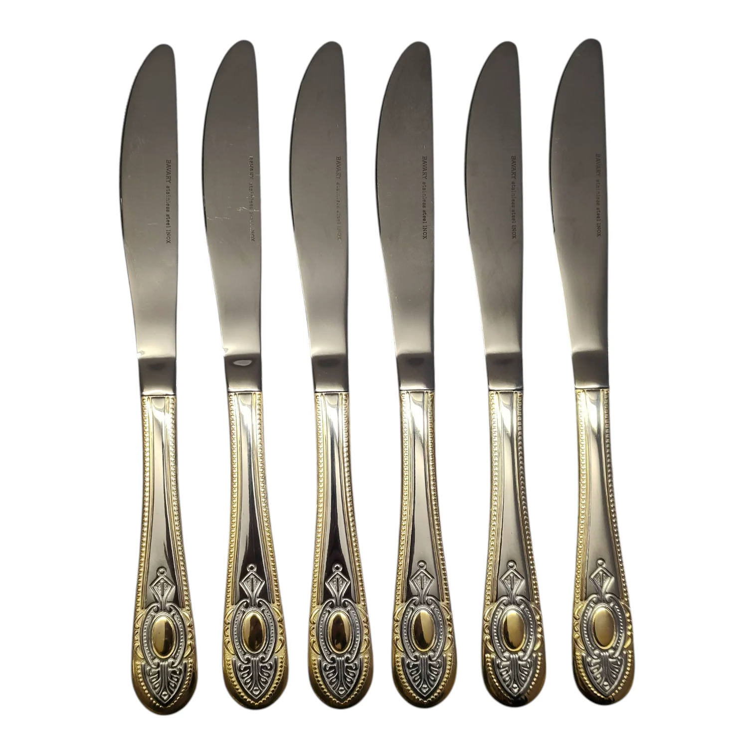 Set de 6 Cuchillos de Mesa – Acero Inoxidable con Grabado y Borde Dorado | Colección Clásica - Image 2