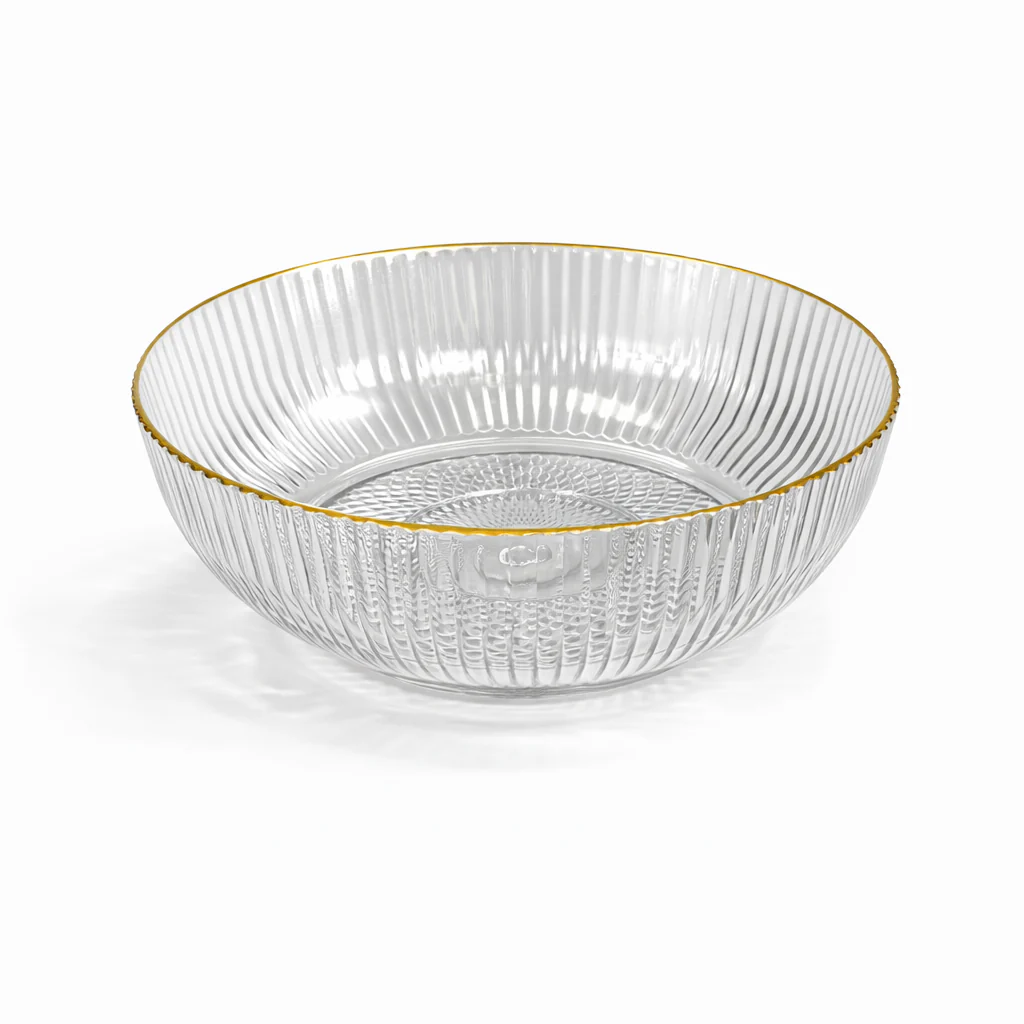Cuenco de Plástico Transparente Estriado con Borde Dorado – Diseño Elegante