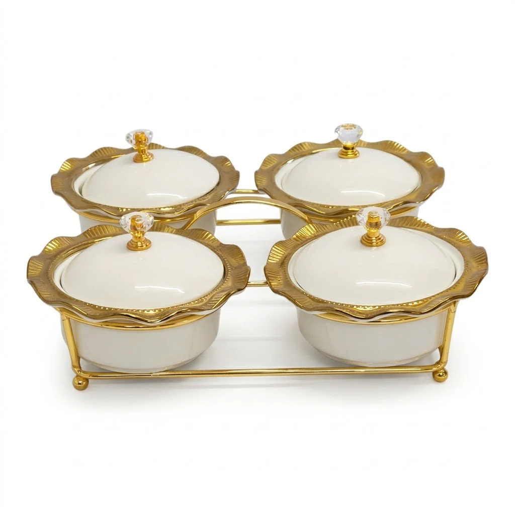 Set de 4 Cuencos de Porcelana con Tapas + Soporte Dorado — Bandeja de Aperitivos/Condimentos