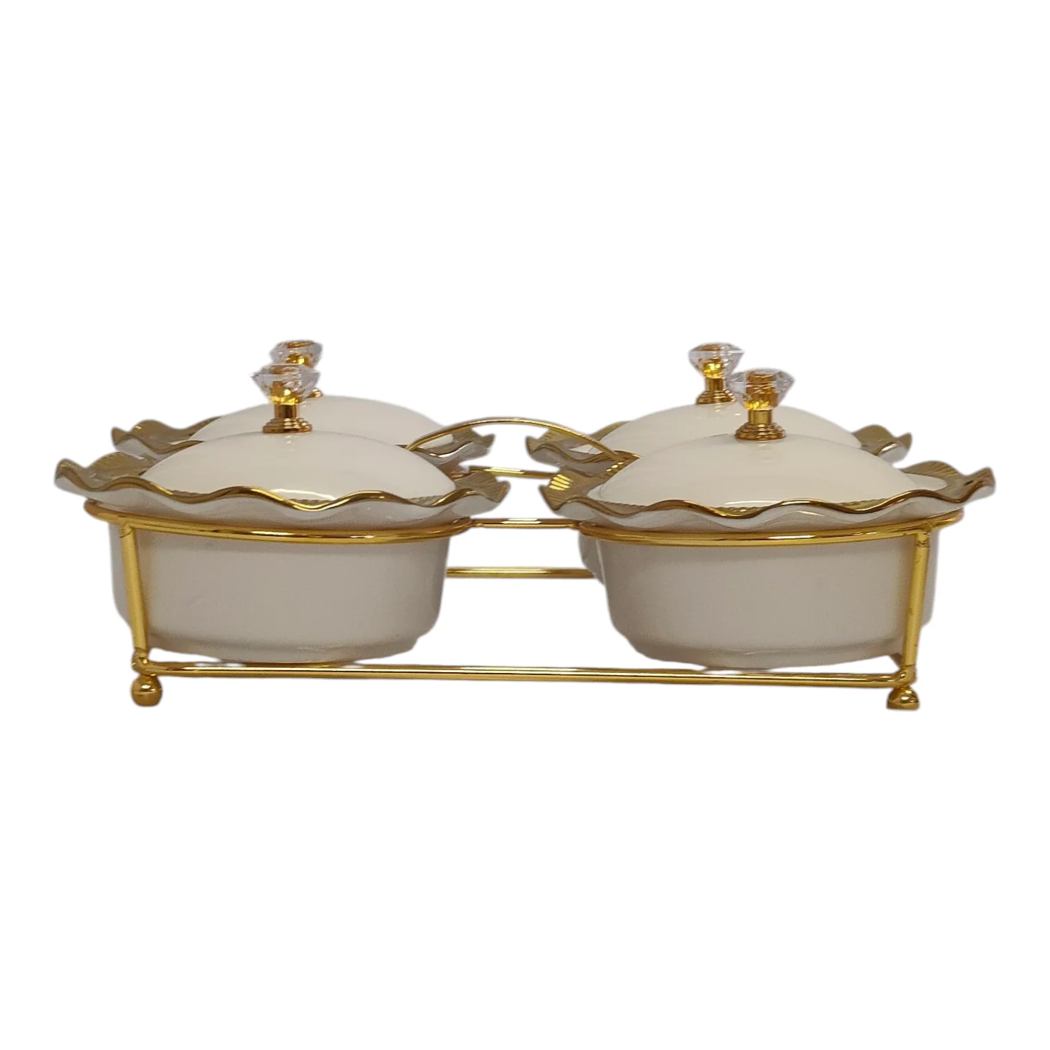Set de 4 Cuencos de Porcelana con Tapas + Soporte Dorado — Bandeja de Aperitivos/Condimentos - Image 2