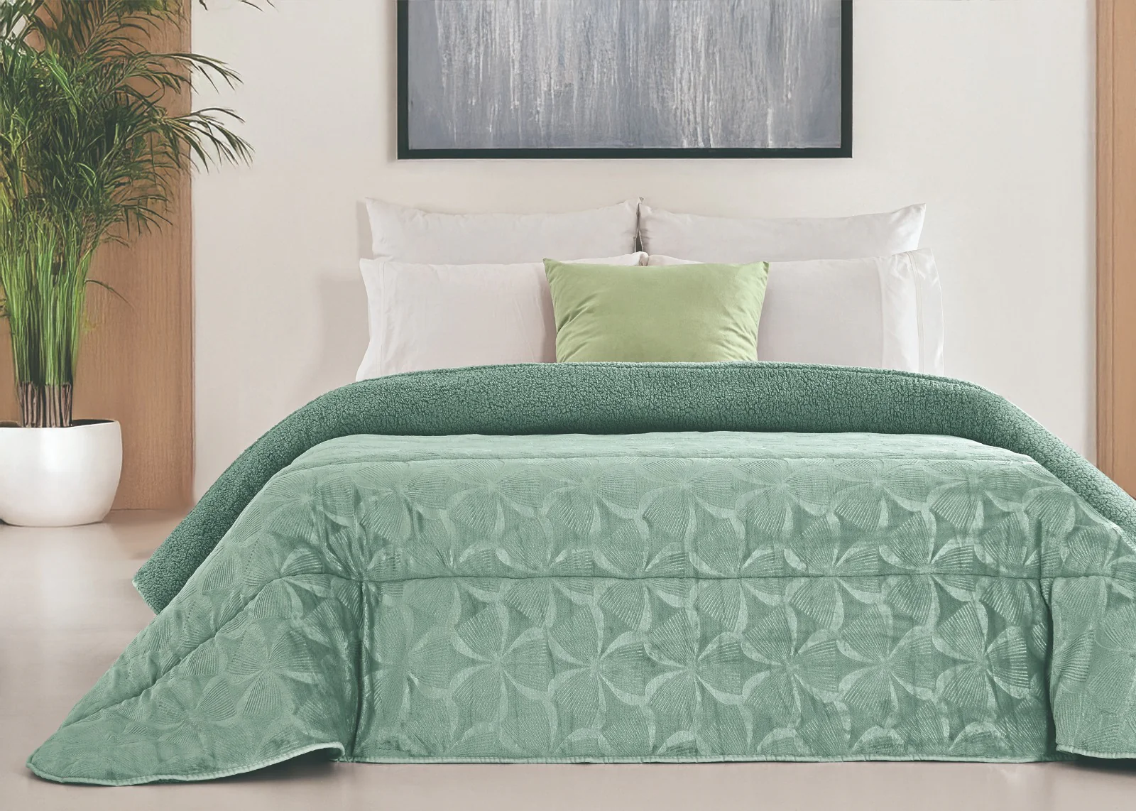 Edredón Comforter Polar con Sherpa COLOR verde menta – Modelo Triangulo - 240 x 260 cm (POLAR 19)