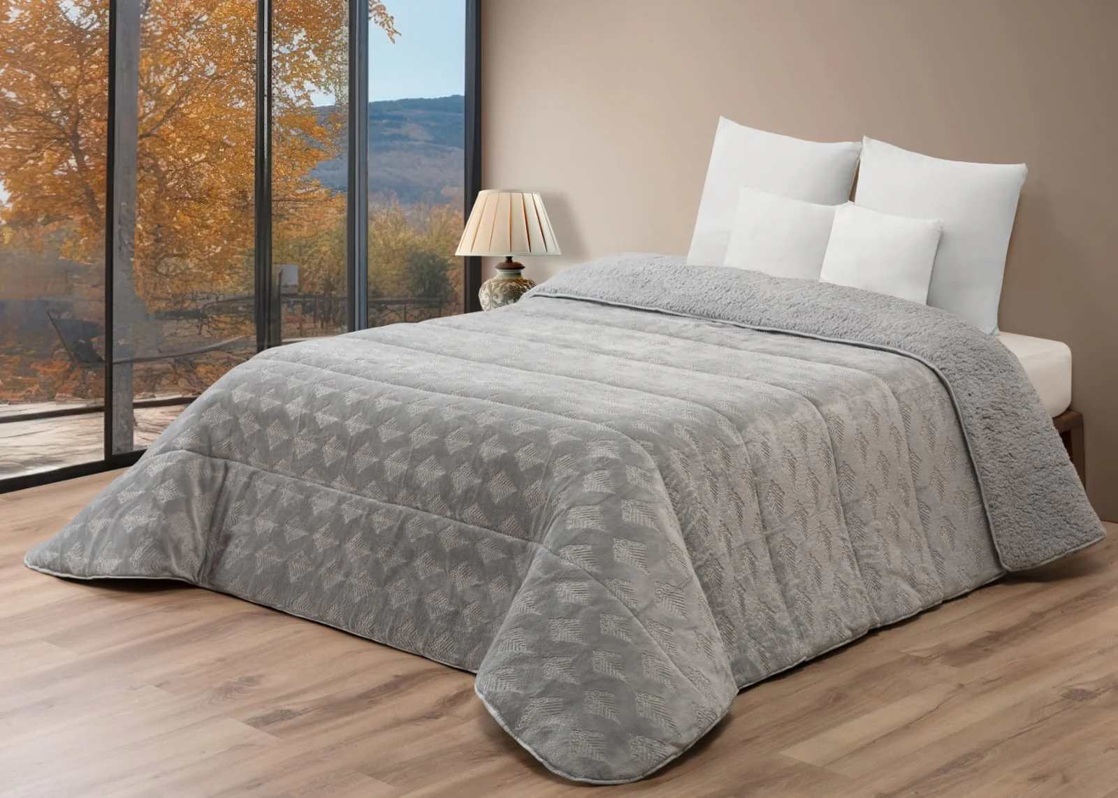 Edredón Comforter Polar con Sherpa COLOR GRIS – MODELO Hojas de Brisa - 240 x 260 cm (POLAR 16)