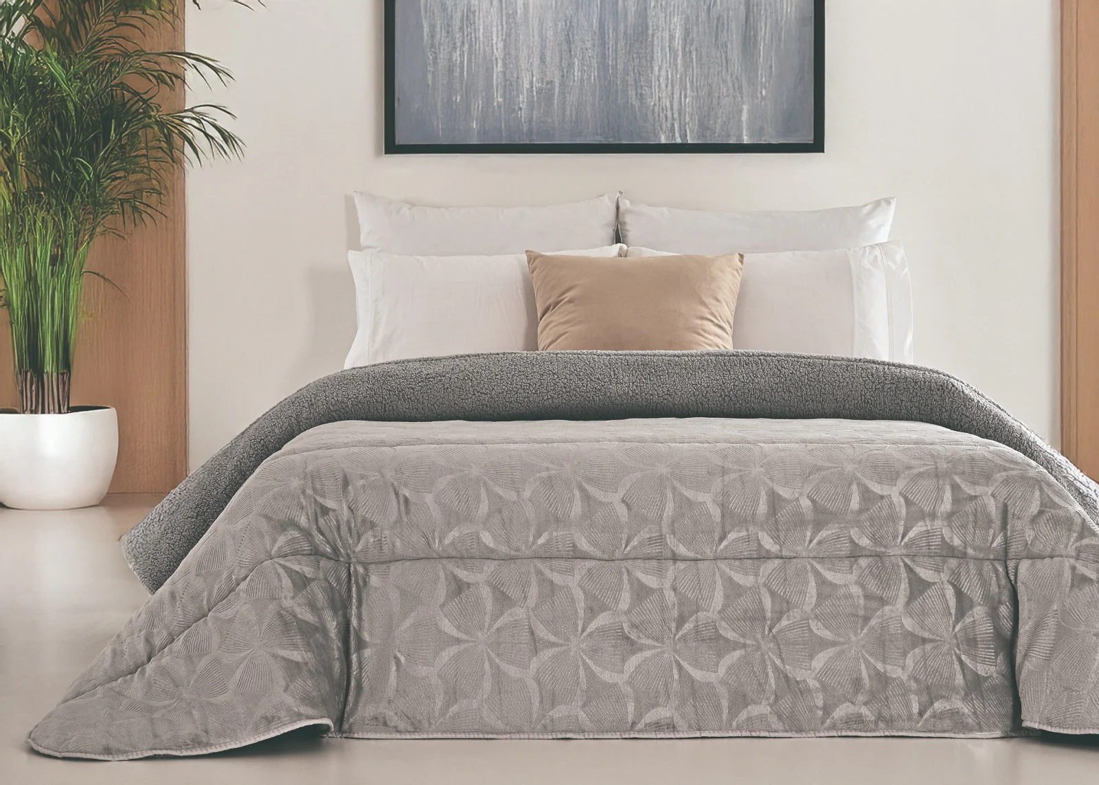 Edredón Comforter Polar con Sherpa COLOR GRIS – Modelo Triangulo - 240 x 260 cm (POLAR 19)