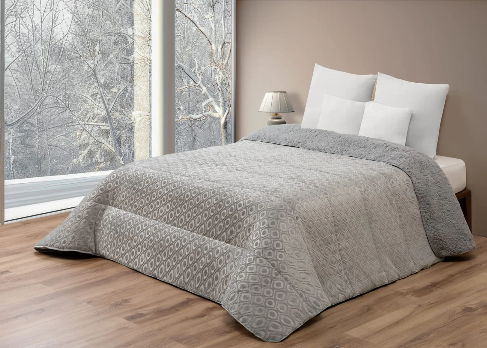 Edredón Comforter Polar con Sherpa COLOR GRIS – MODELO Ondas de Cristal - 240 x 260 cm (POLAR 15)