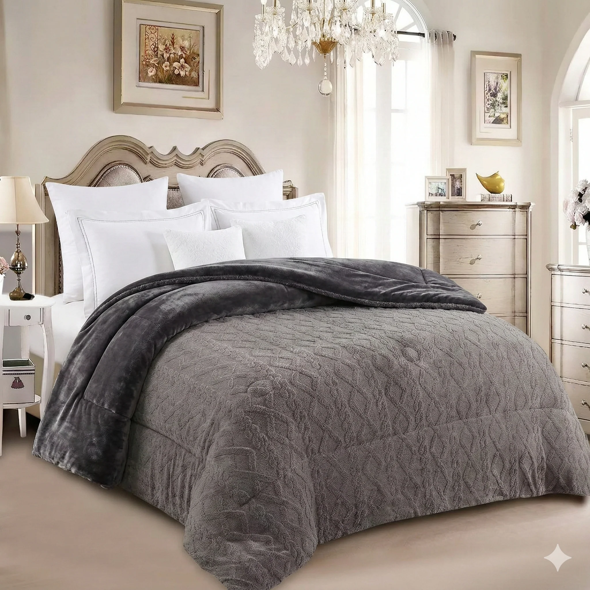 Edredón con TERCIOPELO Modelo Trenzas – 230 x 250 cm - COLOR GRIS OSCURO