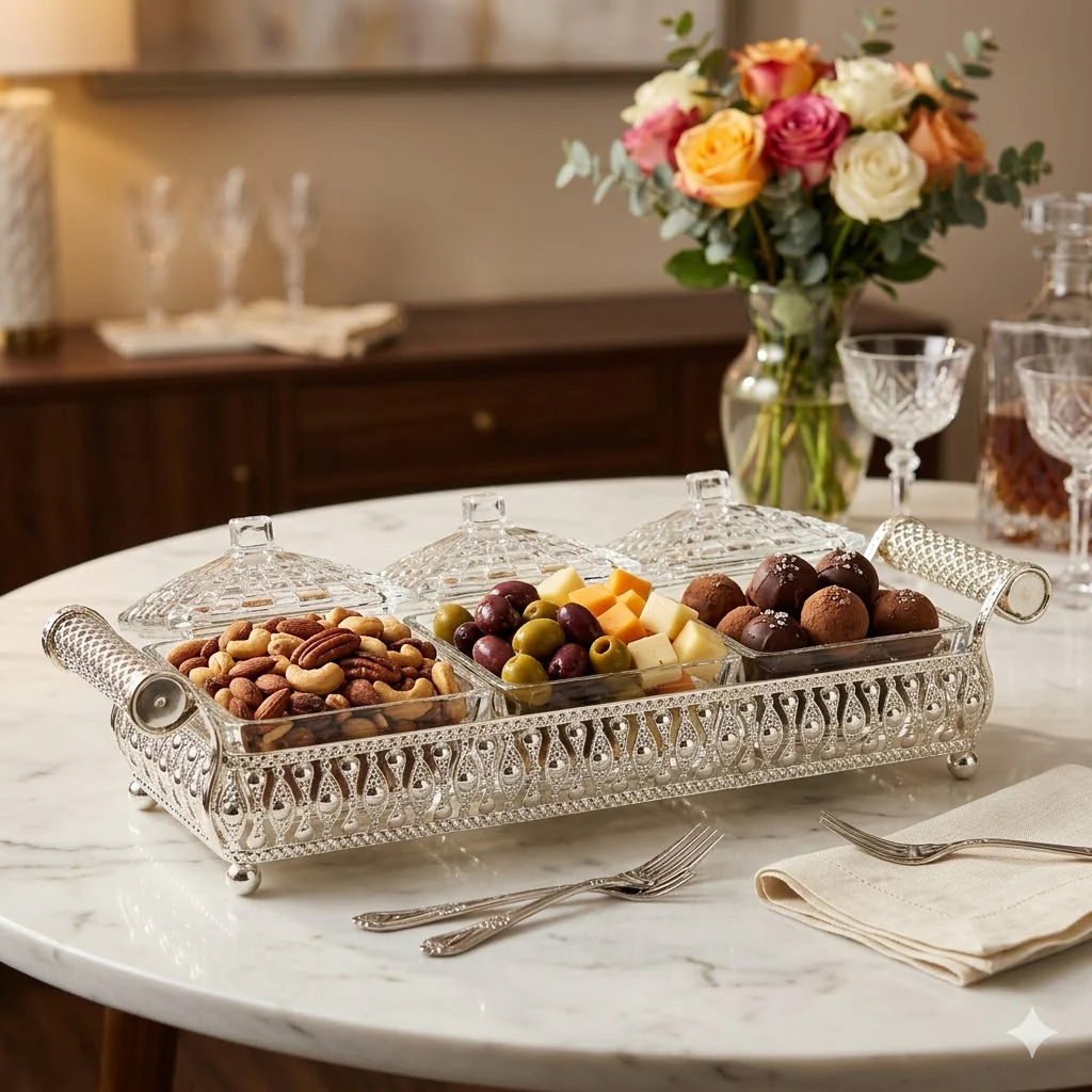 Elegante set de recipientes de cristal con base decorativa en metal plateado