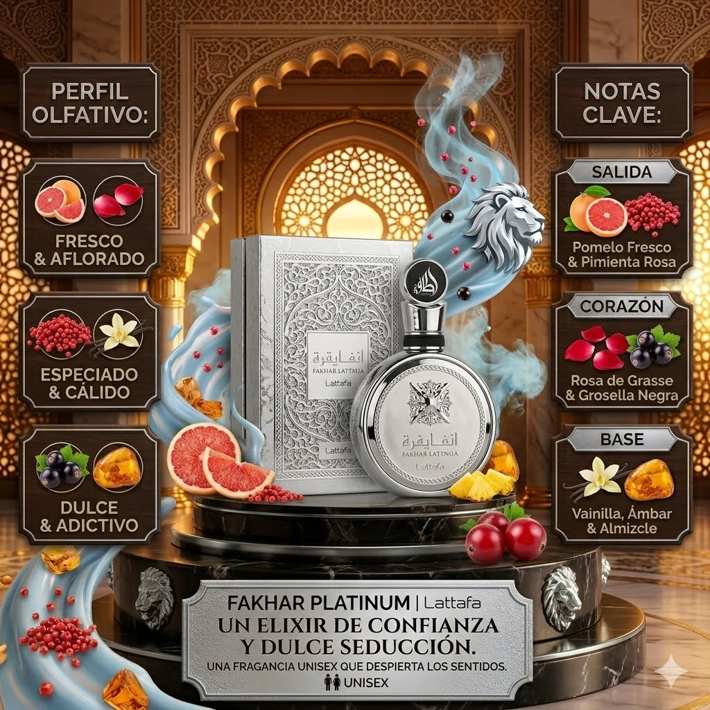 Fakhar Platinum – Lattafa (100 ml) · Perfume Árabe Masculino Fresco, Amaderado y Elegante