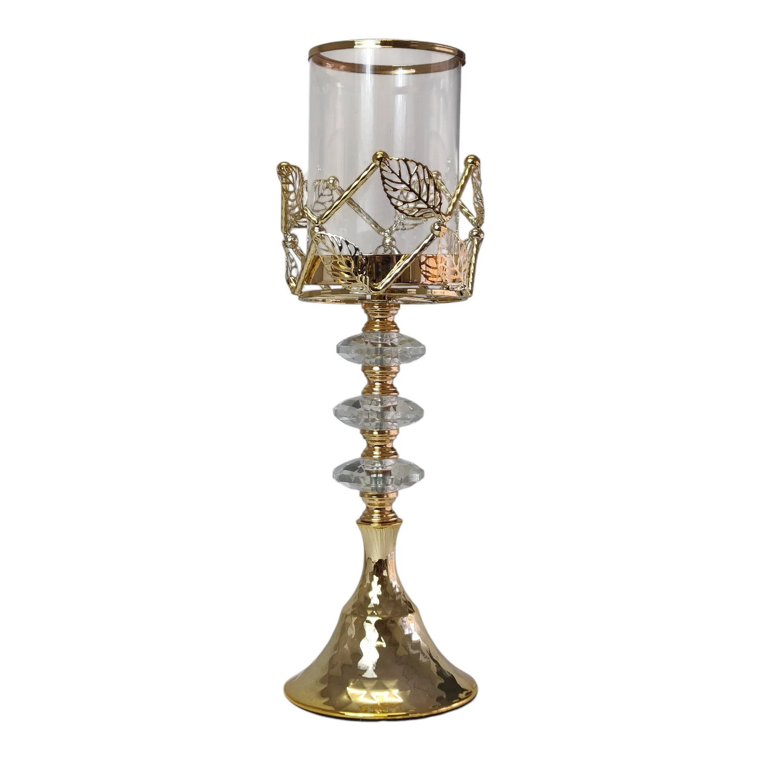 Portavelas Alto de Cristal y Metal Dorado con Detalles de Hojas – 42cm - Image 2