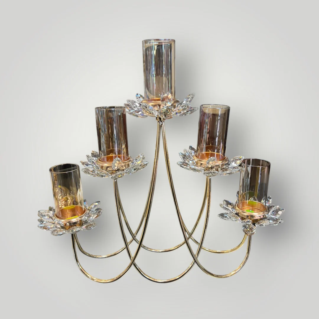 Candelabro Dorado de Cristal para 5 Velas – Centro de Mesa Elegante - Image 2