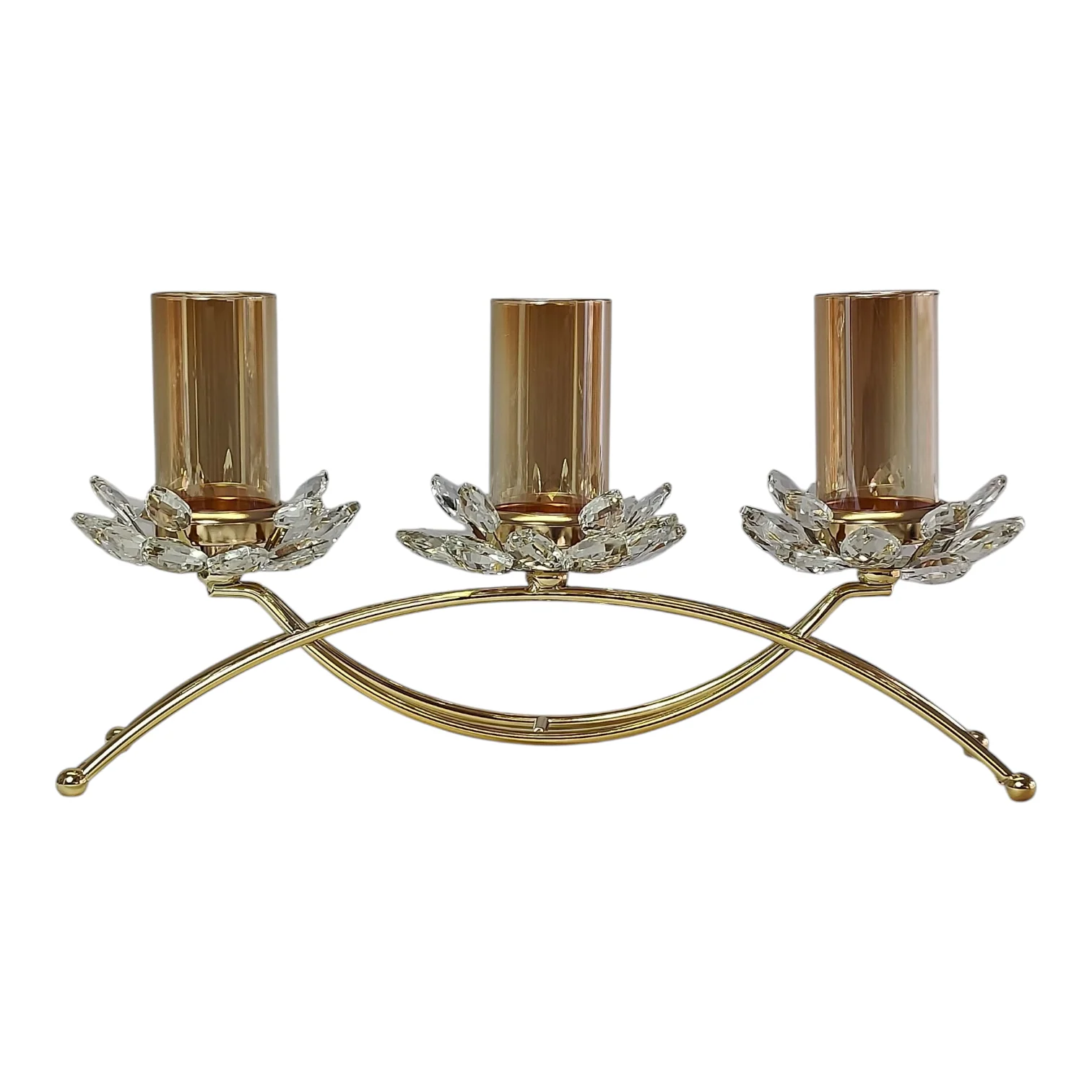 Portavelas Triple de Cristal y Metal Dorado con Diseño de Flores de Loto - Image 3