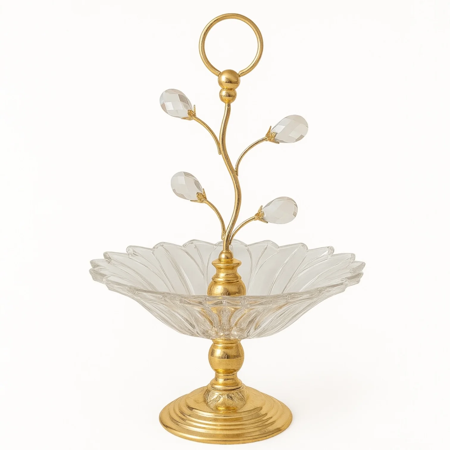 🍬 Bandeja decorativa de cristal con base dorada y pétalos de vidrio