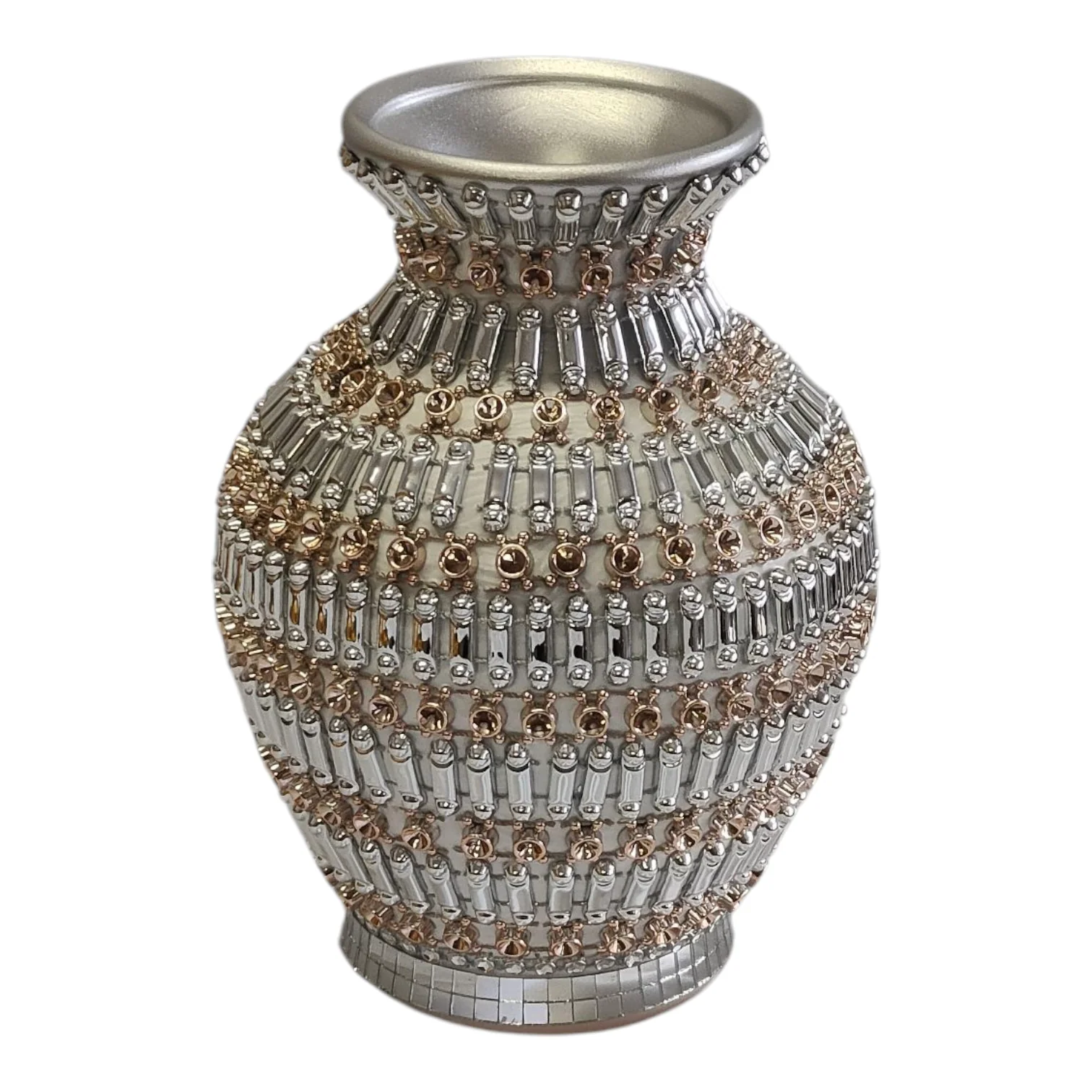 🏺 Jarrón Decorativo Plateado con Detalles Dorados - 20cm